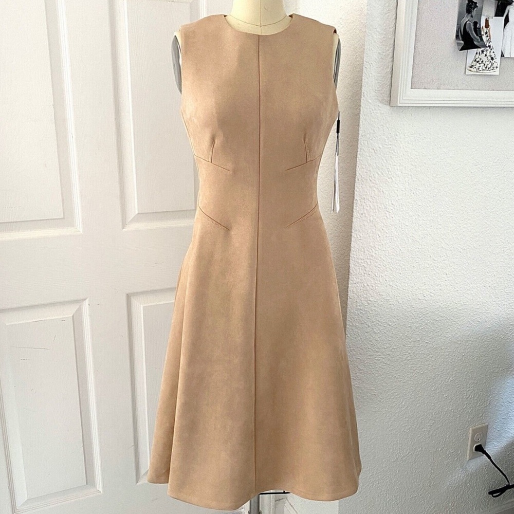 Calvin Klein Tan Faux Suede A-Line Dress, size 8; absolutely gorgeous dress. 🤩